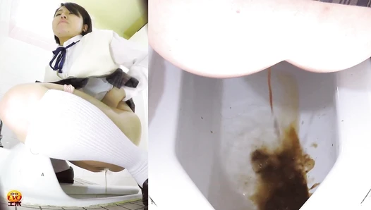 EE-225 02 Young schoolgirls and female students pooping on Japanese style toilet. Multi angle view voyeur