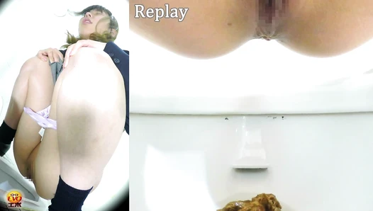EE-225 03 Young schoolgirls and female students pooping on Japanese style toilet. Multi angle view voyeur