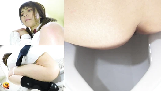 EE-225 03 Young schoolgirls and female students pooping on Japanese style toilet. Multi angle view voyeur